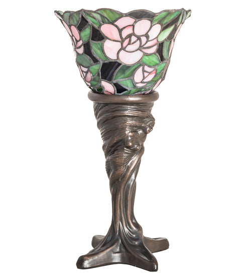 Meyda Lighting Begonia 15" Mahogany Bronze Mini Table Lamp With Ruby & Green Stained Shade Glass
