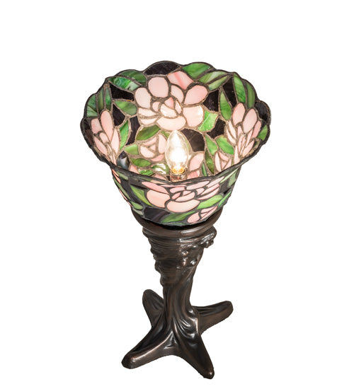 Meyda Lighting Begonia 15" Mahogany Bronze Mini Table Lamp With Ruby & Green Stained Shade Glass