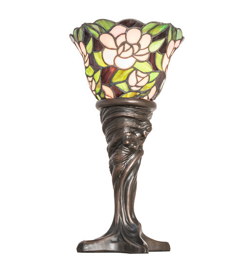 Meyda Lighting Begonia 15" Mahogany Bronze Mini Table Lamp With Ruby & Green Stained Shade Glass