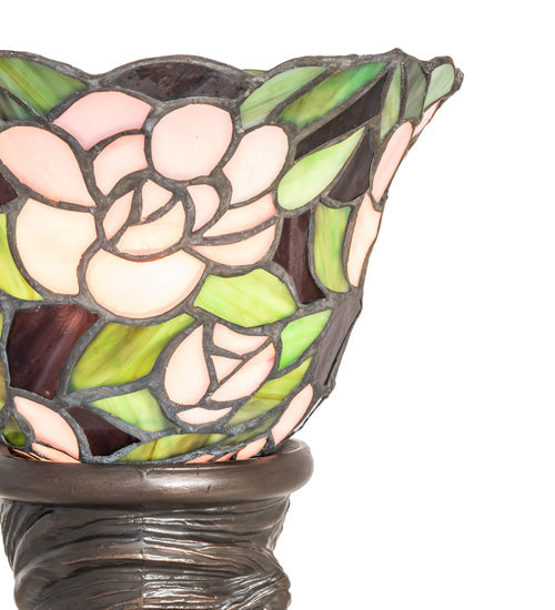 Meyda Lighting Begonia 15" Mahogany Bronze Mini Table Lamp With Ruby & Green Stained Shade Glass