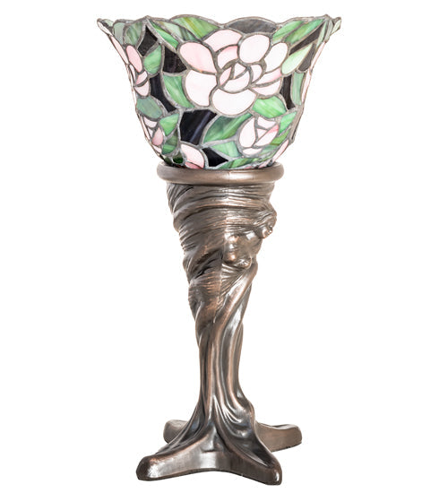 Meyda Lighting Begonia 15" Mahogany Bronze Mini Table Lamp With Ruby & Green Stained Shade Glass