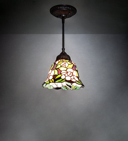 Meyda Lighting Begonia 244861 8" Mahogany Bronze Mini Pendant Light With Multi-Colored Stained Shade Glass