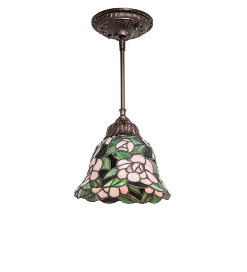 Meyda Lighting Begonia 244861 8" Mahogany Bronze Mini Pendant Light With Multi-Colored Stained Shade Glass