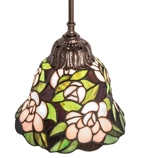 Meyda Lighting Begonia 244861 8" Mahogany Bronze Mini Pendant Light With Multi-Colored Stained Shade Glass