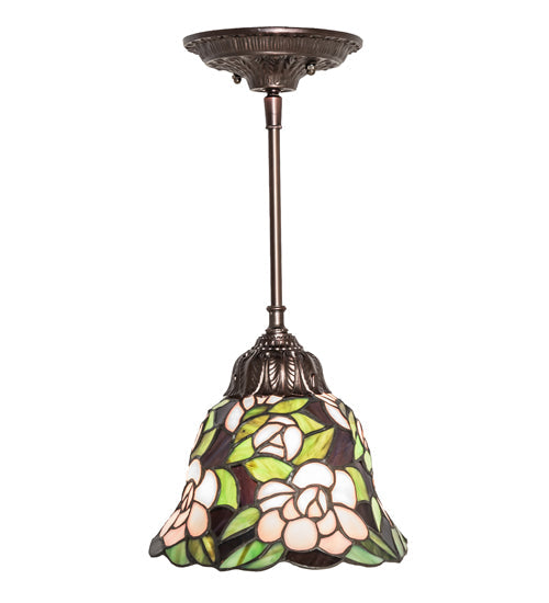 Meyda Lighting Begonia 244861 8" Mahogany Bronze Mini Pendant Light With Multi-Colored Stained Shade Glass