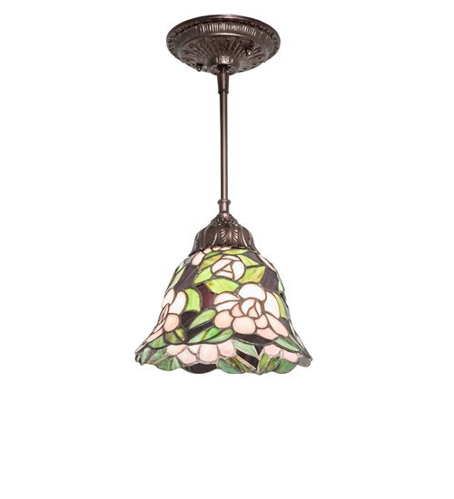 Meyda Lighting Begonia 244861 8" Mahogany Bronze Mini Pendant Light With Multi-Colored Stained Shade Glass