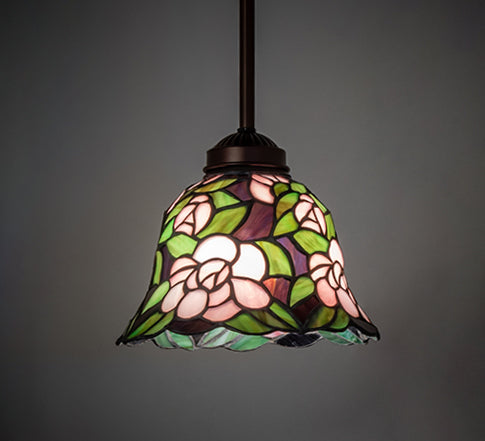 Meyda Lighting Begonia 8" Mahogany Bronze Mini Pendant Light With Multi-Colored Stained Shade Glass