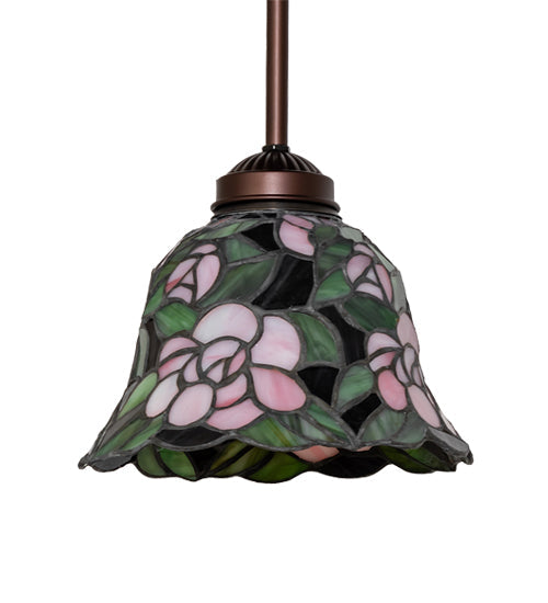Meyda Lighting Begonia 8" Mahogany Bronze Mini Pendant Light With Multi-Colored Stained Shade Glass