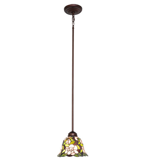 Meyda Lighting Begonia 8" Mahogany Bronze Mini Pendant Light With Multi-Colored Stained Shade Glass