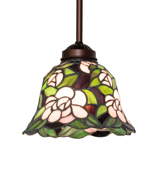 Meyda Lighting Begonia 8" Mahogany Bronze Mini Pendant Light With Multi-Colored Stained Shade Glass