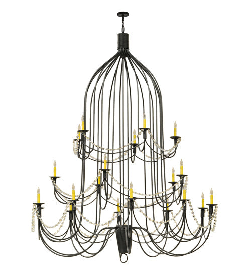 Meyda Lighting Bell 72" 20-Light 3-Tier Wrought Iron Chandelier With Amber Faux Candlelight