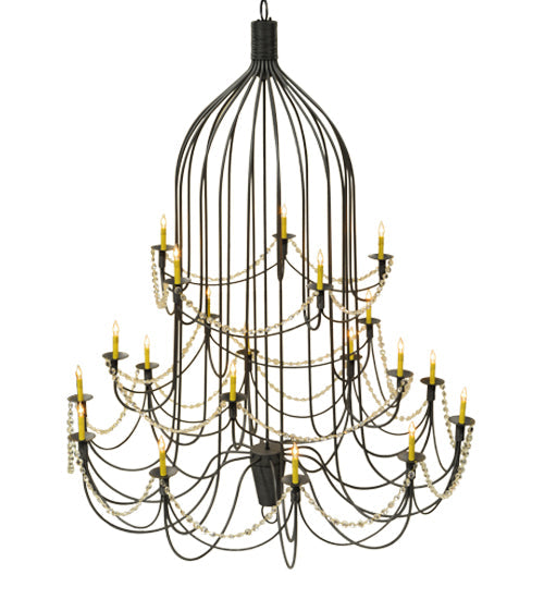 Meyda Lighting Bell 72" 20-Light 3-Tier Wrought Iron Chandelier With Amber Faux Candlelight