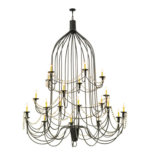 Meyda Lighting Bell 72" 20-Light 3-Tier Wrought Iron Chandelier With Amber Faux Candlelight