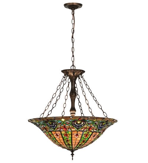 Meyda Lighting Bella 24" 4-Light Mahogany Bronze Inverted Pendant Light With Multi-Colored Shade Glass