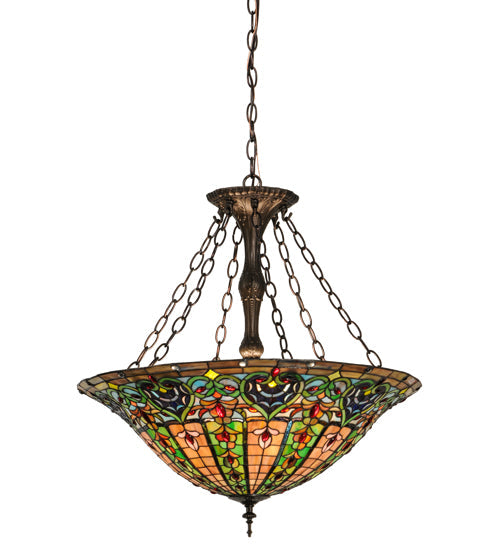 Meyda Lighting Bella 24" 4-Light Mahogany Bronze Inverted Pendant Light With Multi-Colored Shade Glass