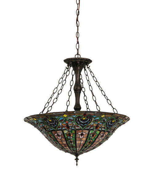 Meyda Lighting Bella 24" 4-Light Mahogany Bronze Inverted Pendant Light With Multi-Colored Shade Glass