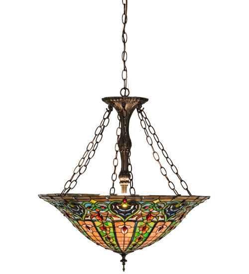Meyda Lighting Bella 24" 4-Light Mahogany Bronze Inverted Pendant Light With Multi-Colored Shade Glass
