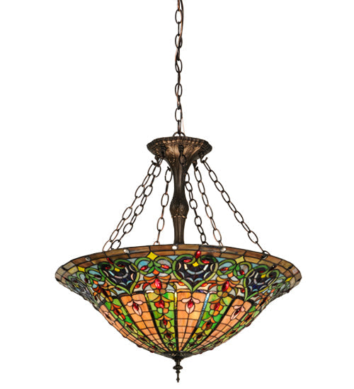 Meyda Lighting Bella 24" 4-Light Mahogany Bronze Inverted Pendant Light With Multi-Colored Shade Glass