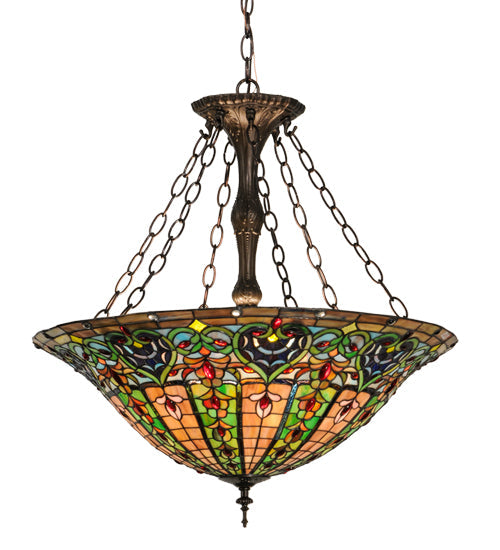 Meyda Lighting Bella 24" 4-Light Mahogany Bronze Inverted Pendant Light With Multi-Colored Shade Glass