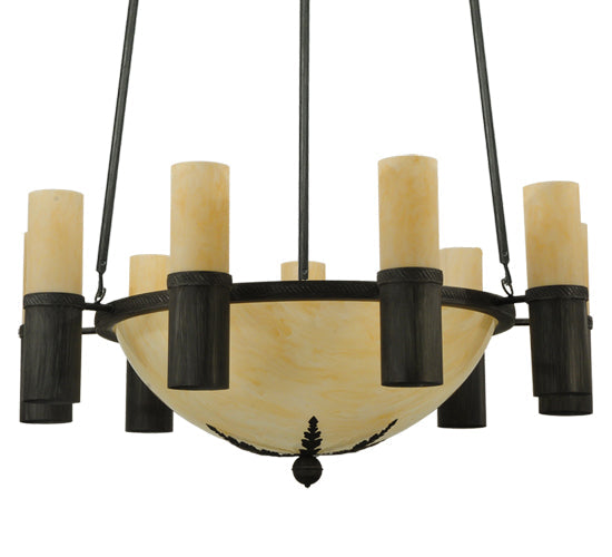Meyda Lighting Bella Sala 62" 15-Light 9-Arm Antique Iron Gate Chandelier With Sahara Taupe Idalight Shade