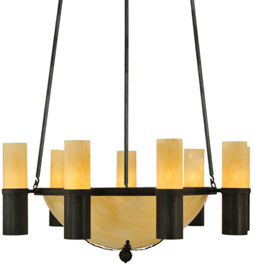 Meyda Lighting Bella Sala 62" 15-Light 9-Arm Antique Iron Gate Chandelier With Sahara Taupe Idalight Shade