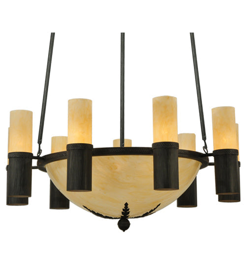 Meyda Lighting Bella Sala 62" 15-Light 9-Arm Antique Iron Gate Chandelier With Sahara Taupe Idalight Shade