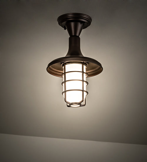 Meyda Lighting Bellevue 9" Mahogany Bronze Flush Mount Light With Frosted Clear Shade Glass