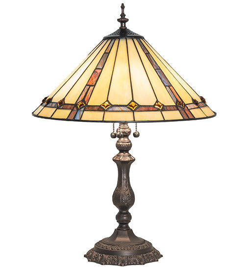 Meyda Lighting Belvidere 23" 3-Light Mahogany Bronze Table Lamp With Multi-Colored Stained Shade Glass