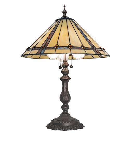 Meyda Lighting Belvidere 23" 3-Light Mahogany Bronze Table Lamp With Multi-Colored Stained Shade Glass