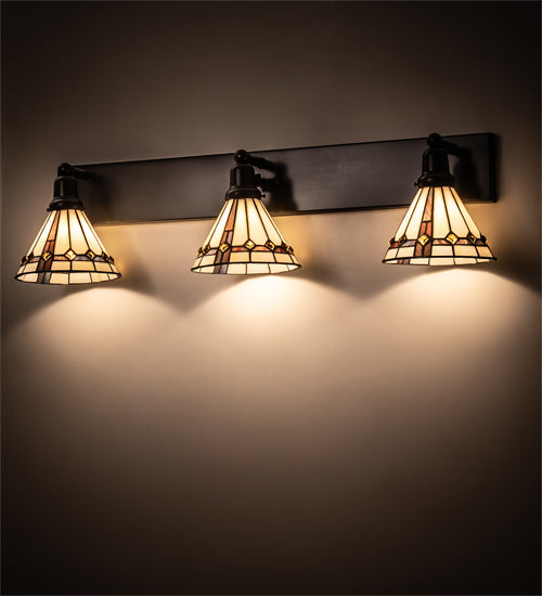Meyda Lighting Belvidere 38" 3-Light Craftsman Brown Vanity Light With Multi-Colored Shade Glass
