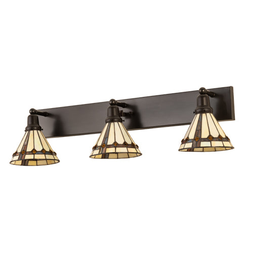 Meyda Lighting Belvidere 38" 3-Light Craftsman Brown Vanity Light With Multi-Colored Shade Glass