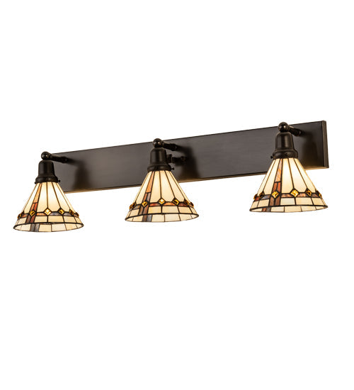 Meyda Lighting Belvidere 38" 3-Light Craftsman Brown Vanity Light With Multi-Colored Shade Glass
