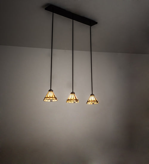 Meyda Lighting Belvidere 42" 3-Light Mahogany Bronze Island Pendant Light With Beige Iridescent & Amber Stained Shade Glass