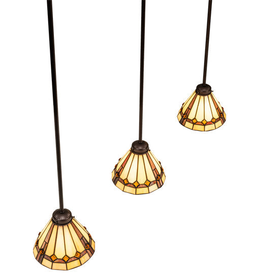 Meyda Lighting Belvidere 42" 3-Light Mahogany Bronze Island Pendant Light With Beige Iridescent & Amber Stained Shade Glass