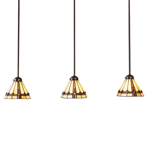 Meyda Lighting Belvidere 42" 3-Light Mahogany Bronze Island Pendant Light With Beige Iridescent & Amber Stained Shade Glass