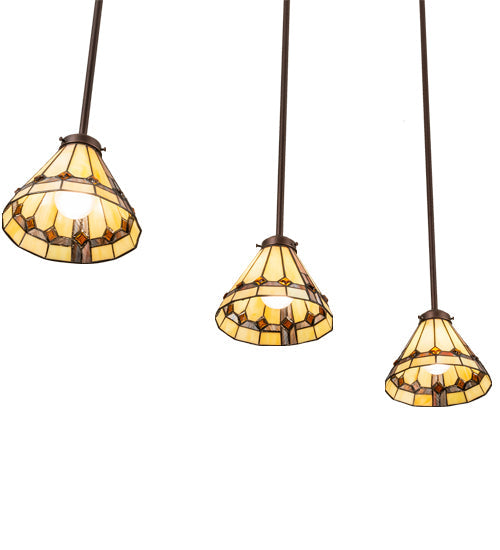 Meyda Lighting Belvidere 42" 3-Light Mahogany Bronze Island Pendant Light With Beige Iridescent & Amber Stained Shade Glass