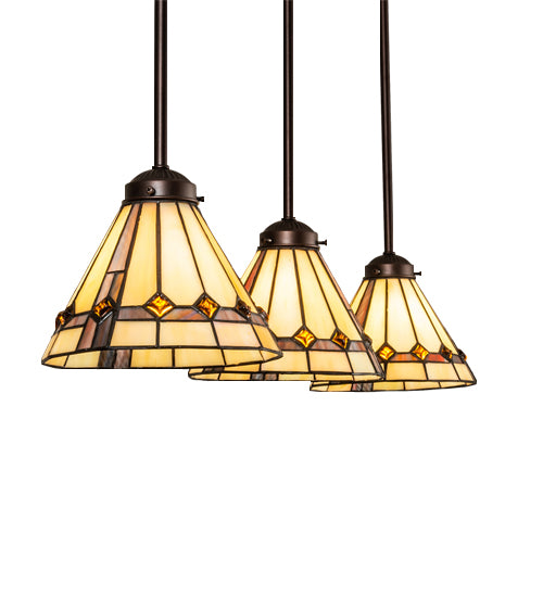 Meyda Lighting Belvidere 42" 3-Light Mahogany Bronze Island Pendant Light With Beige Iridescent & Amber Stained Shade Glass