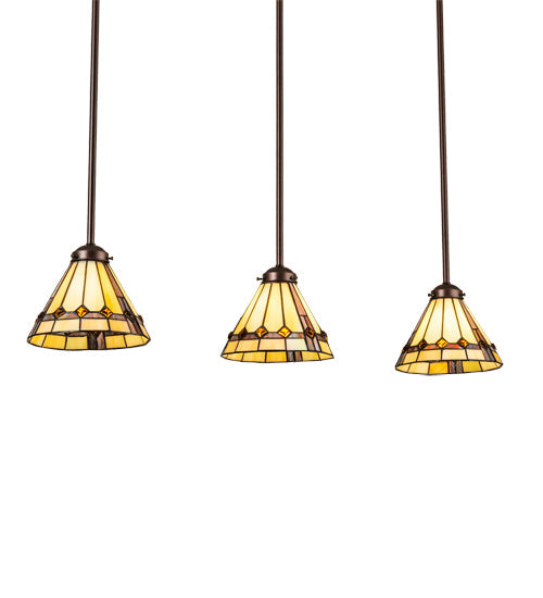Meyda Lighting Belvidere 42" 3-Light Mahogany Bronze Island Pendant Light With Beige Iridescent & Amber Stained Shade Glass