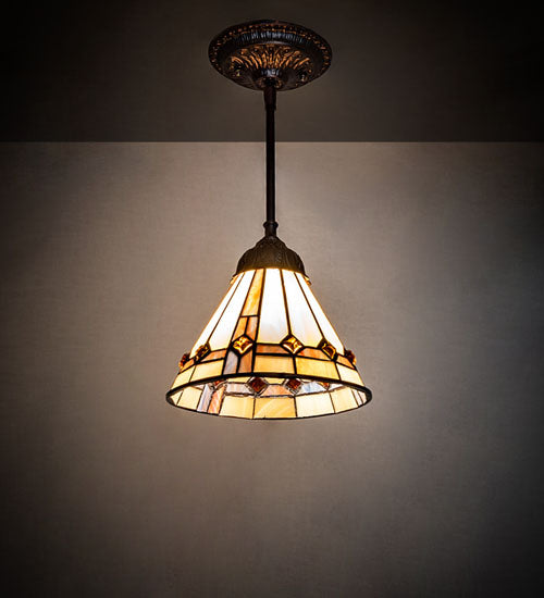 Meyda Lighting Belvidere 7" Mahogany Bronze Mini Pendant Light With Multi-Colored Stained Shade Glass
