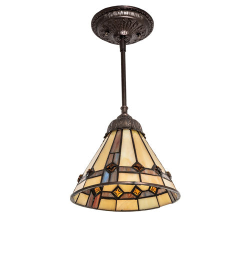 Meyda Lighting Belvidere 7" Mahogany Bronze Mini Pendant Light With Multi-Colored Stained Shade Glass
