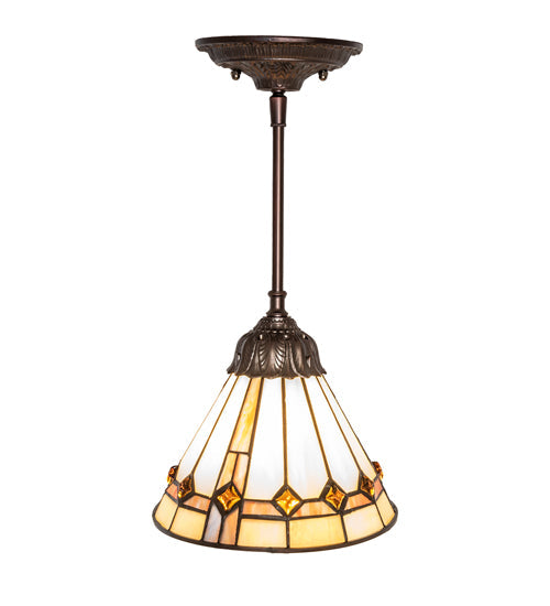 Meyda Lighting Belvidere 7" Mahogany Bronze Mini Pendant Light With Multi-Colored Stained Shade Glass