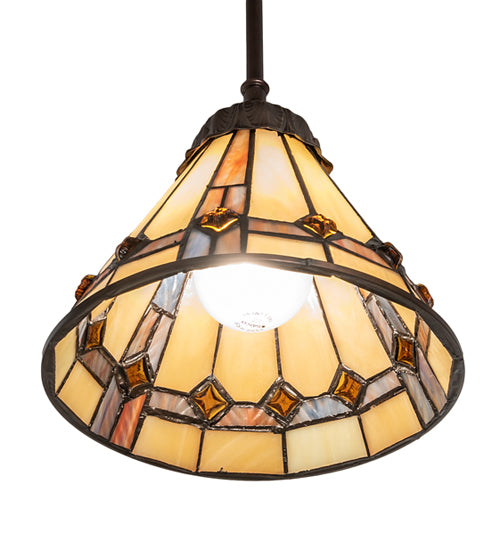 Meyda Lighting Belvidere 7" Mahogany Bronze Mini Pendant Light With Multi-Colored Stained Shade Glass