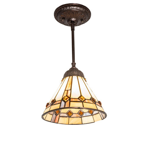 Meyda Lighting Belvidere 7" Mahogany Bronze Mini Pendant Light With Multi-Colored Stained Shade Glass