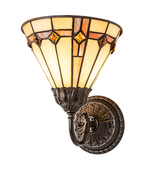 Meyda Lighting Belvidere 8" Mahogany Bronze Wall Sconce With Multi-Colored Stained Shade Glass