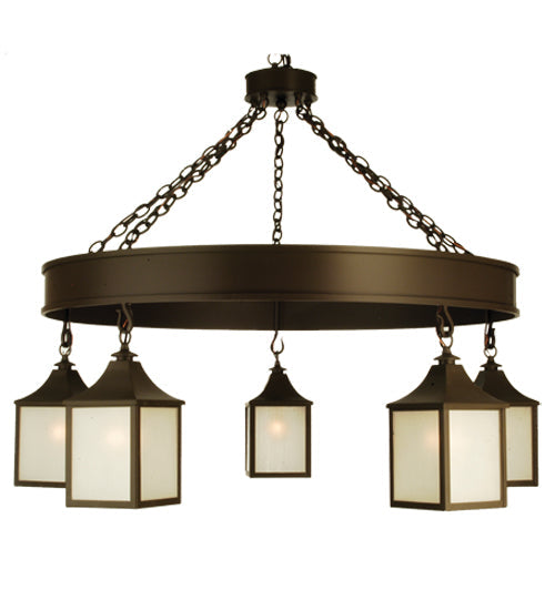 Meyda Lighting Bigfork 48" 5-Light Timeless Bronze Lantern Chandelier With Frosted Seeded Shade Glass