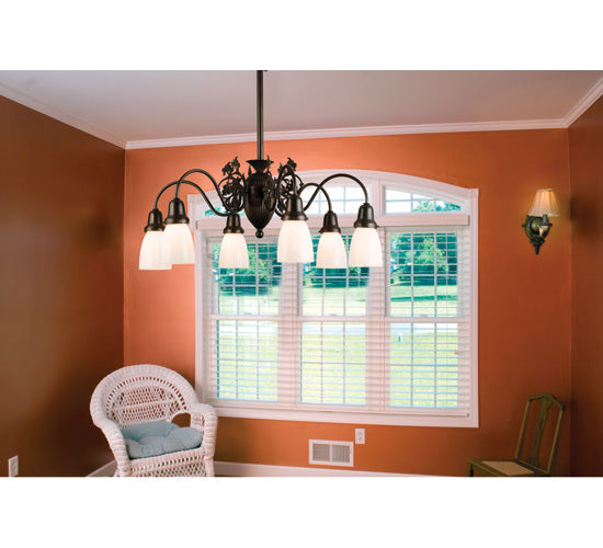 Meyda Lighting Binghamton 29" 6-Light 6-Arm Craftsman Brown Goblet Chandelier With White Opal Shade Glass