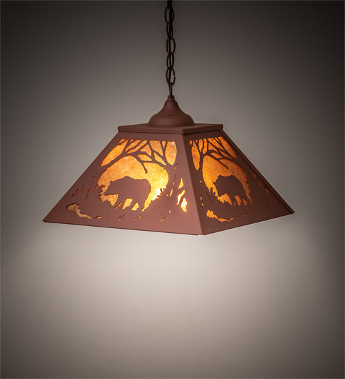 Meyda Lighting Black Bear 23" 2-Light Rust Pendant Light With Amber Mica Shade Glass