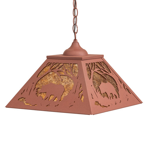 Meyda Lighting Black Bear 23" 2-Light Rust Pendant Light With Amber Mica Shade Glass