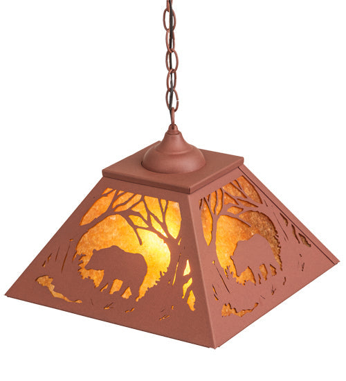 Meyda Lighting Black Bear 23" 2-Light Rust Pendant Light With Amber Mica Shade Glass