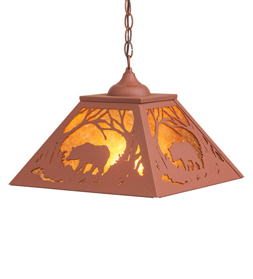 Meyda Lighting Black Bear 23" 2-Light Rust Pendant Light With Amber Mica Shade Glass